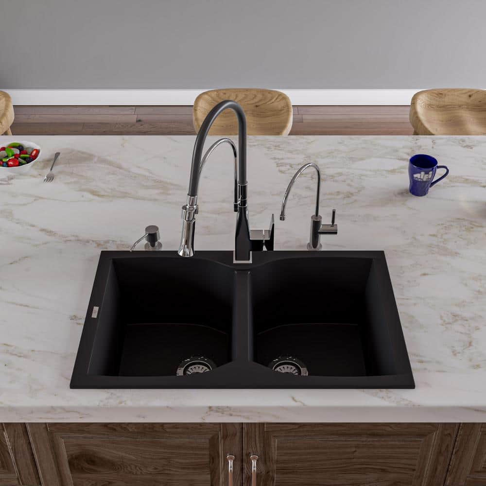 Black Granite Double Bowl Drop-In Kitchen Sink