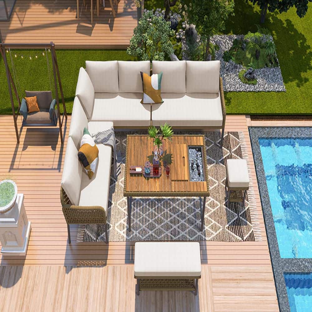 6-piece Metal Frame Outdoor Sectional Set with Beige Cushions, Acacia Wood 