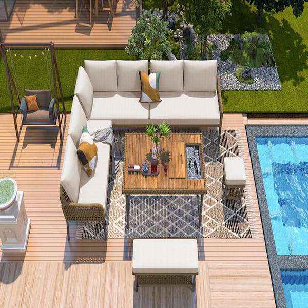 Unbranded 6-Piece Metal Outdoor Sectional Set with Beige Cushions and Acacia Wood Top Table