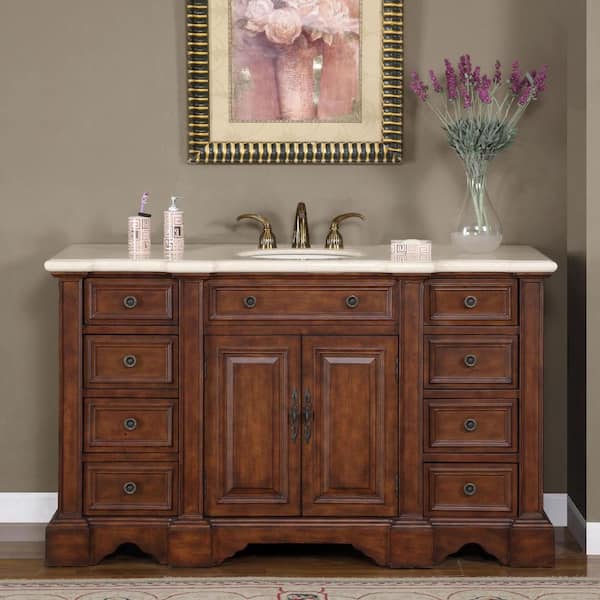 Silkroad Exclusive 55-in Dark Walnut Undermount Double Sink Bathroom Vanity  with Travertine Top in the Bathroom Vanities with Tops department at