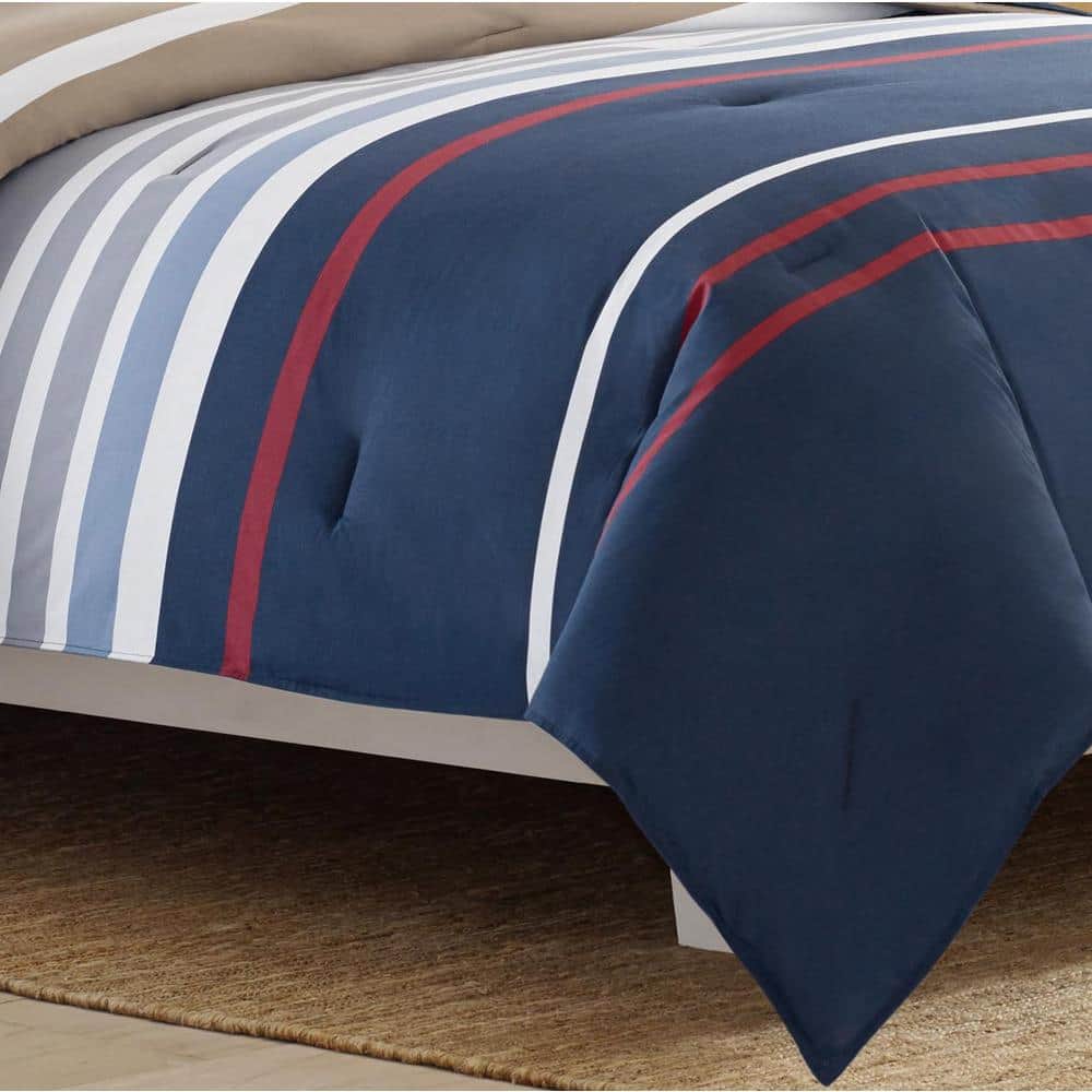 Navy and Red Cotton Full Reversible Bedspread Set