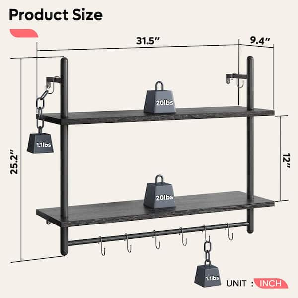 31.5 in. W x 9 in. D Kitchen Decorative Wall Shelf Towel Bar Hooks Wine  Hanging Display Rack Living Room Decor Bathroom TG9150-P89 - The Home Depot