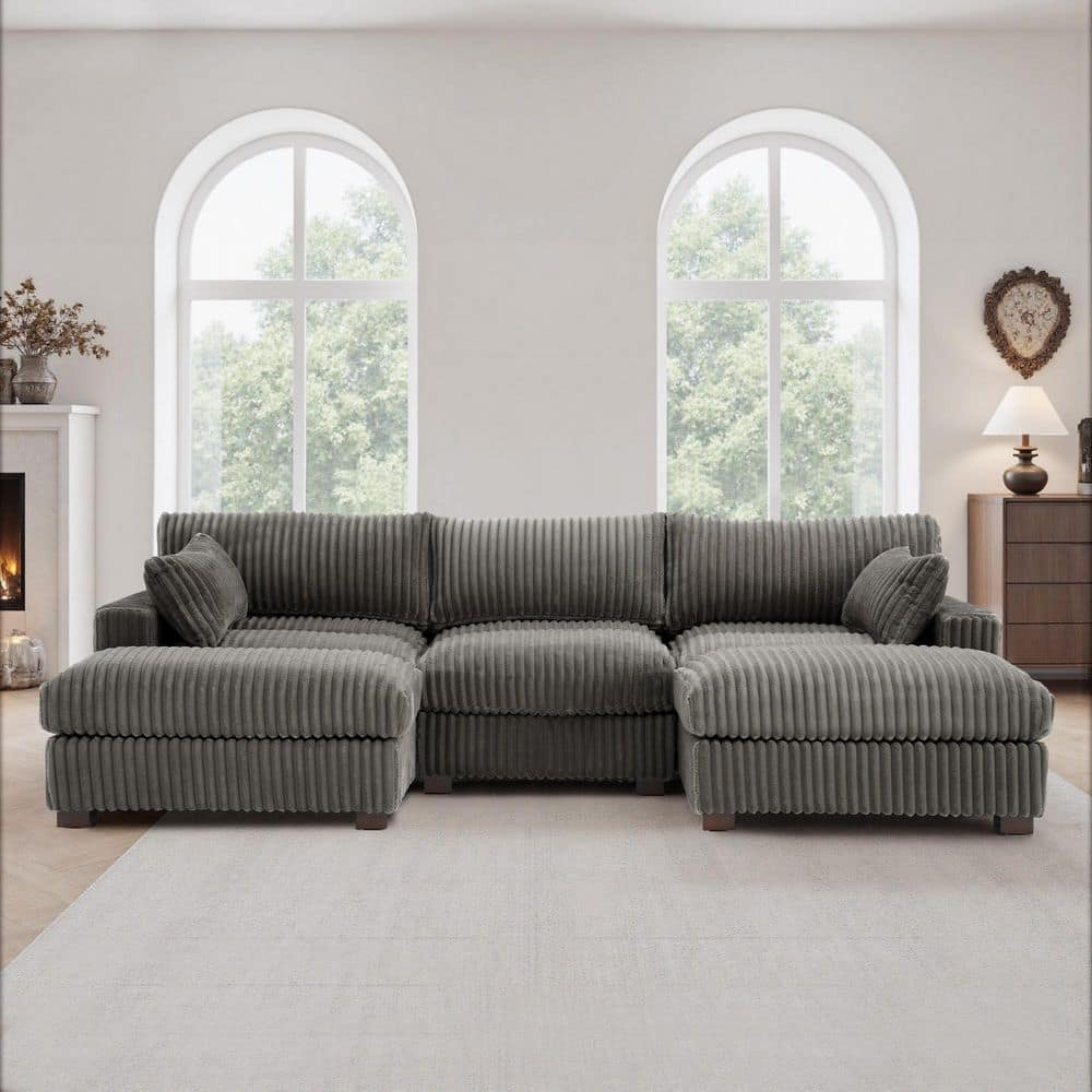 113.77 in. W Square Arm 3-Piece Faux Rabbit Fur Fabric Upholstered U-Shaped Modular Sectional Sofa in Light Gray price history on PriceWatchPro