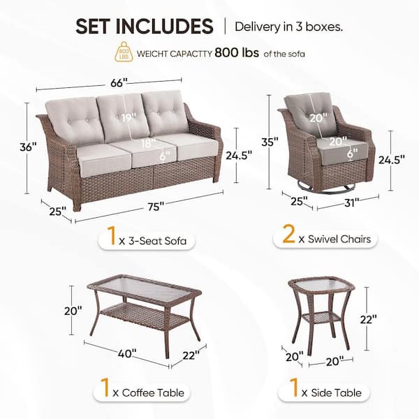 Modern Farmhouse 5-Piece Brown Wicker Patio Conversation Set with 6 In. Beige Olefin Cushions/Outdoor Swivel Chairs