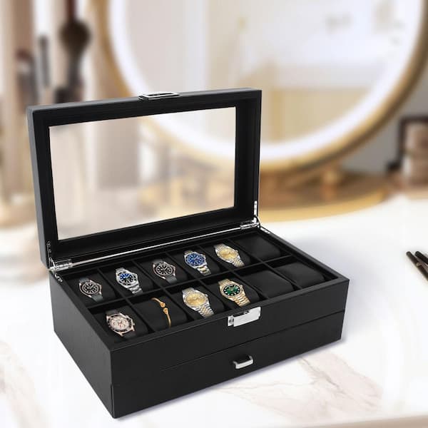 YIYIBYUS Black Leather 12-Watch and 12-Eyeglasses Organizer Display Box  With Metal Buckle OT-ZJGJ-4680 - The Home Depot