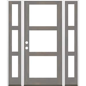 70 in. x 96 in. Modern Hemlock Right-Hand/Inswing 3-Lite Clear Glass Grey Stain Wood Prehung Front Door with Sidelites