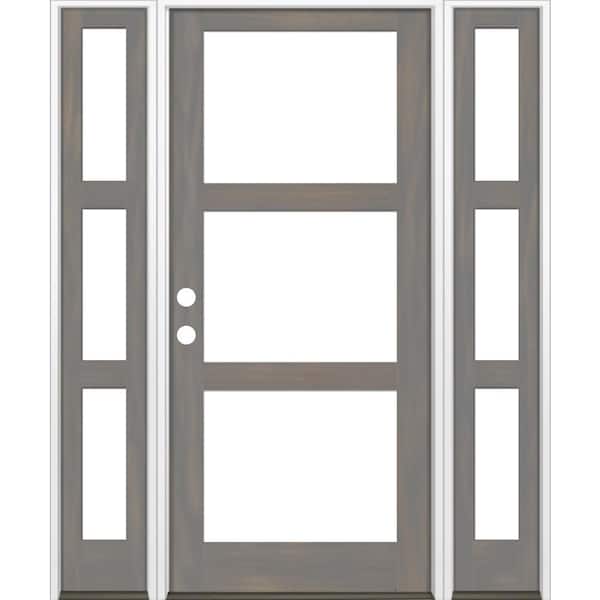 Krosswood Doors 70 in. x 96 in. Modern Hemlock Right-Hand/Inswing 3-Lite Clear Glass Grey Stain Wood Prehung Front Door with Sidelites