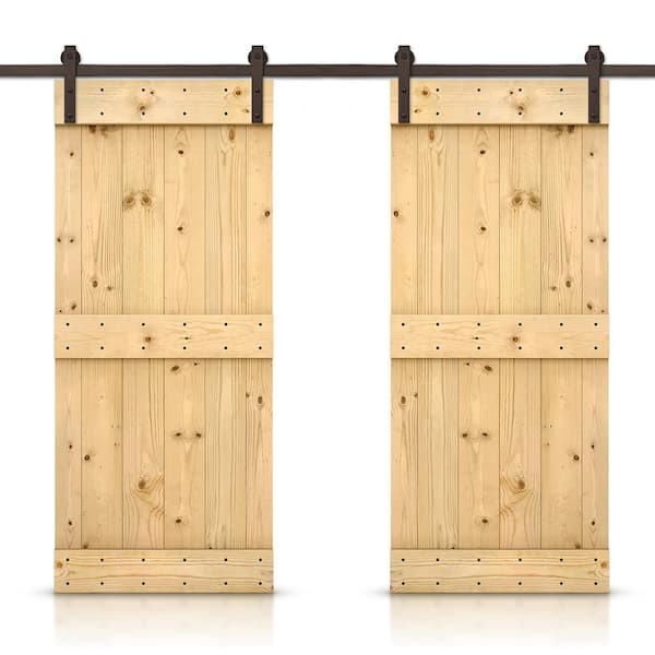 CALHOME Mid-Bar 76 in. x 84 in. Unfinished Stained DIY Solid Pine Wood Interior Double Sliding Barn Door with Hardware Kit