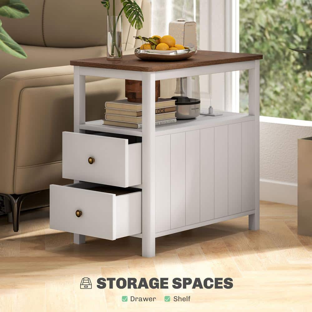 White and Brown Wood End Table with Charging Station and Storage