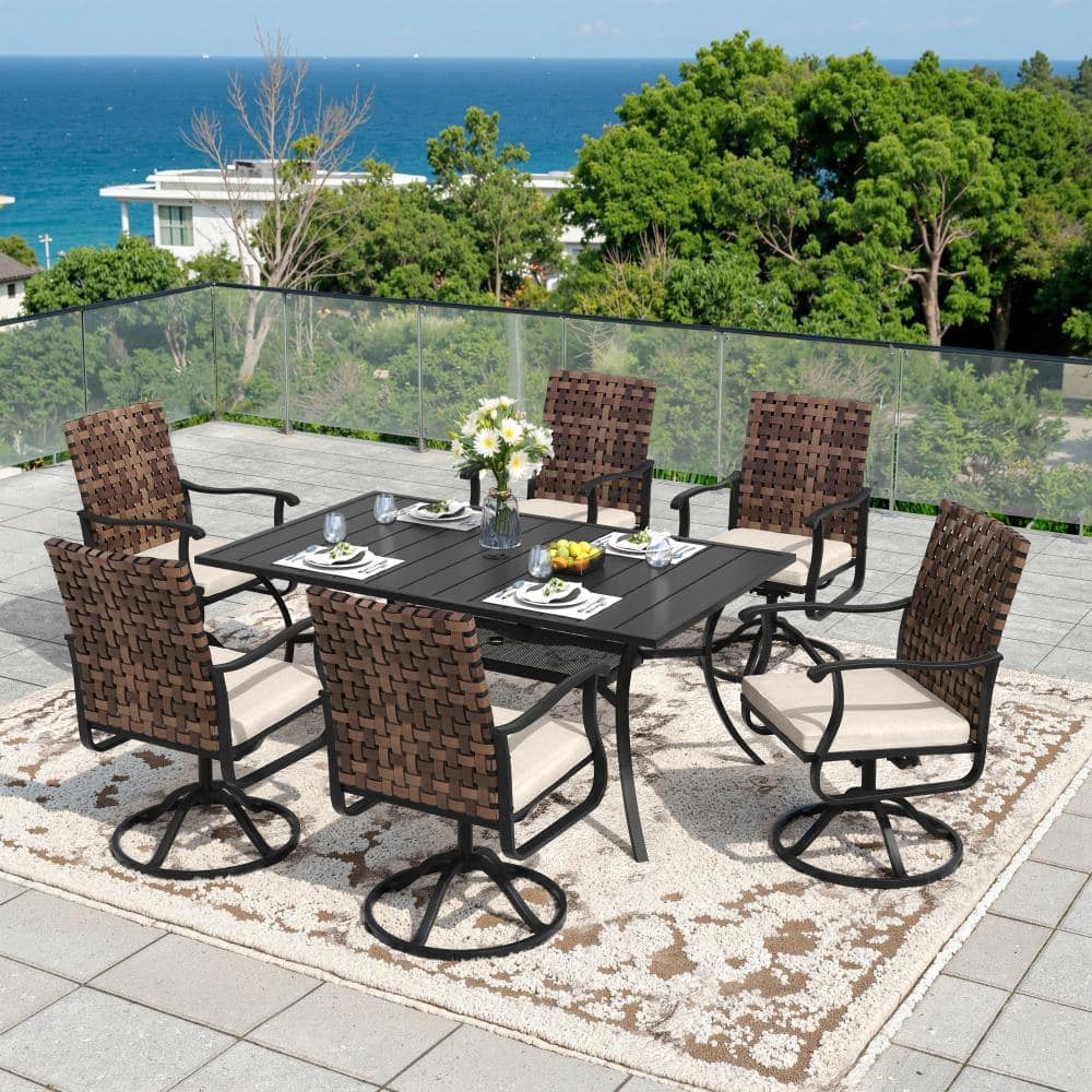 7-Piece Metal Outdoor Patio Dining Set with 6 Swivel Wicker Chairs, Beige Cushions and 59.2 in. Black Rectangular Table price history on PriceWatchPro