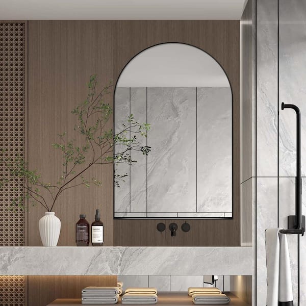 Carsyn Black 35.8 in. H Arched Recessed Medicine Cabinet, Metal Framed Bathroom Wall Cabinet with Mirror