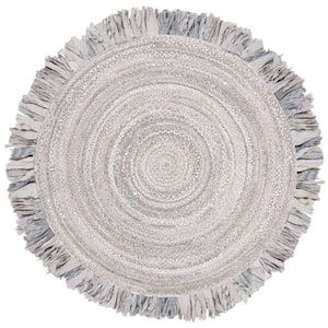 Braided Light Gray 5 ft. x 5 ft. Round Solid Striped Area Rug