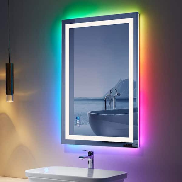 Apmir 24 in. W x 36 in. H Rectangular Frameless RGB Backlit & LED Frontlit Anti-Fog Tempered Glass Wall Bathroom Vanity Mirror
