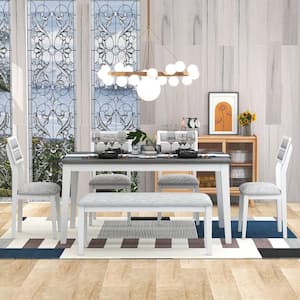 6-Piece White/Gray Dining Set with 4-Upholstered Chairs and 1-Bench