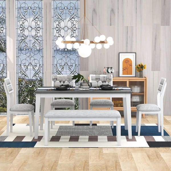 Nestfair 6-Piece White/Gray Dining Set with 4-Upholstered Chairs and 1-Bench