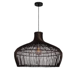 Nelli 1-Light Boho Black Pendant Light Handmade Rattan Black Shade in Matte Black Finish Coastal Kitchen Light