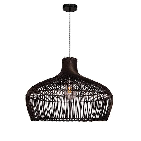 ELE Light & Decor Nelli 1-Light Boho Black Pendant Light Handmade Rattan Black Shade in Matte Black Finish Coastal Kitchen Light