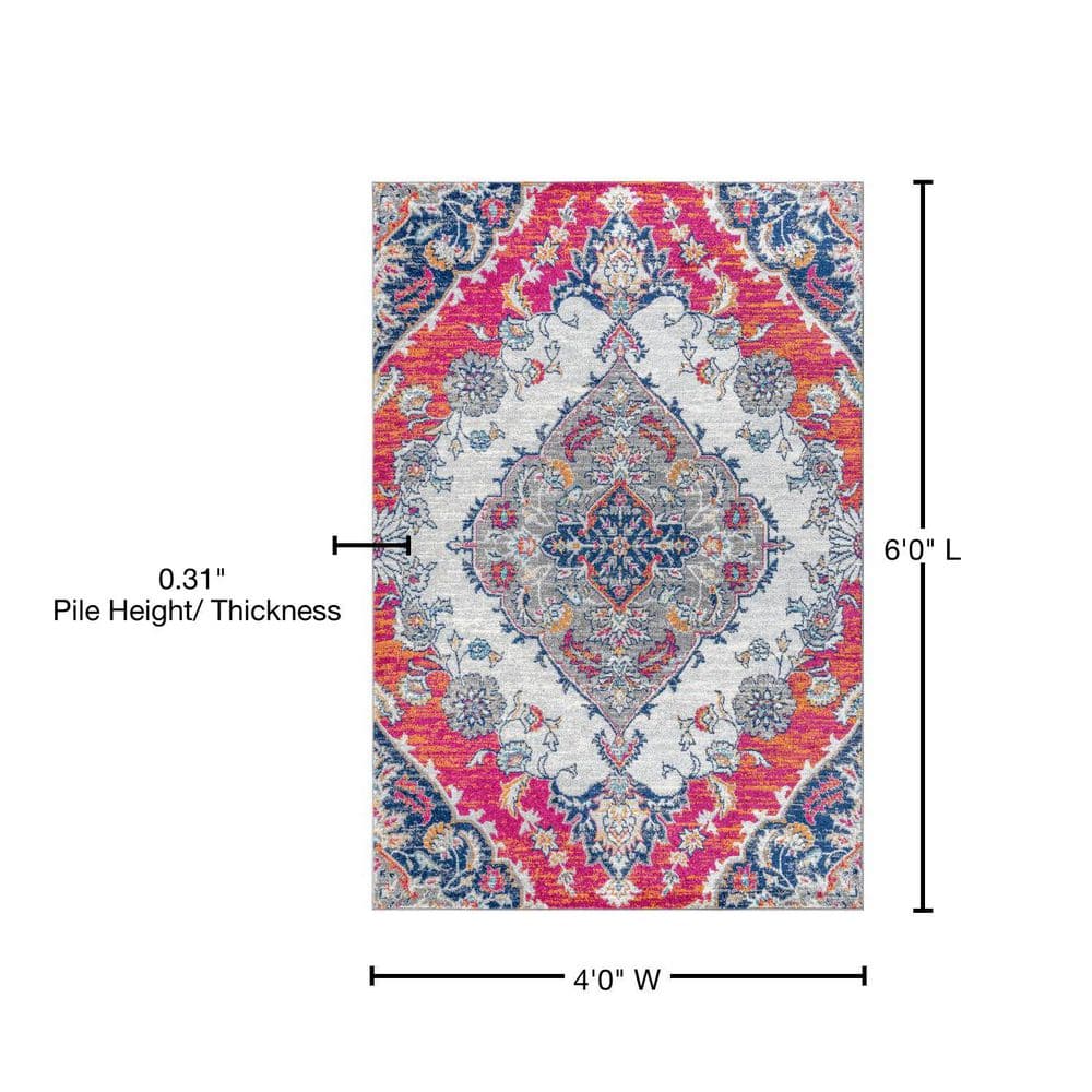 Reversible Medallion Blue and Coral 4' x 6' Synthetic Area Rug