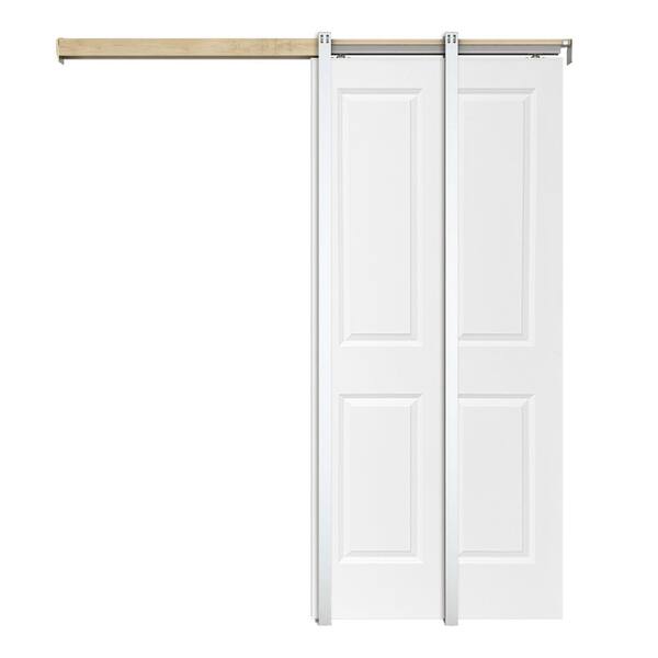 CALHOME White Primed 30 in. x 80 in. Composite MDF 4PANEL Interior Sliding Door with Pocket Door Frame and Hardware Kit