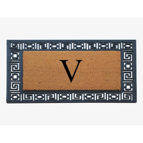 A1 Home Collections A1HC Greek Key Border Black/Beige 24 in. x 36 in. Rubber and Coir Heavy Duty Easy to Clean Monogrammed V Door Mat