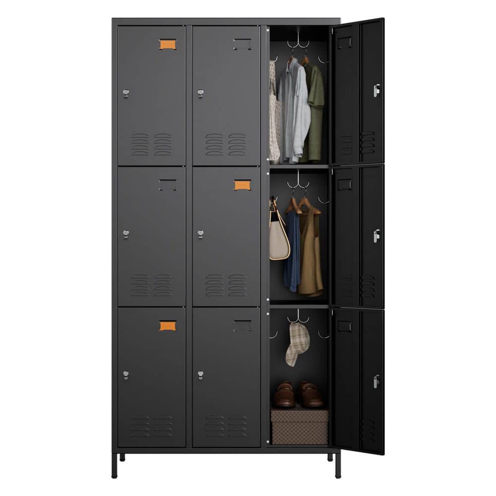 Metal Freestanding Cabinet 72 in. H x 36 in. W x 16 in. D Steel Locker with 9-Lockable Doors in Black
