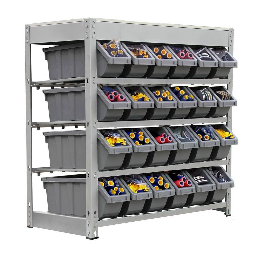 Compact 4-Tier Gray Metal Organizer Shelving with 24 Bins
