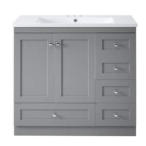 35.8 in. W Single Sink Bath Vanity in Gray with White Solid Surface Top, 4 Soft-close Drawers and 2 Soft-Close Doors