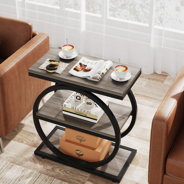 23.6 in. Gray Wooden Round-Shape End Table, Vintage Side Table for Living Room Bedroom