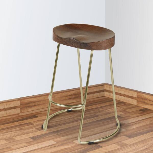 tubular metal and wooden saddle seat bar stool