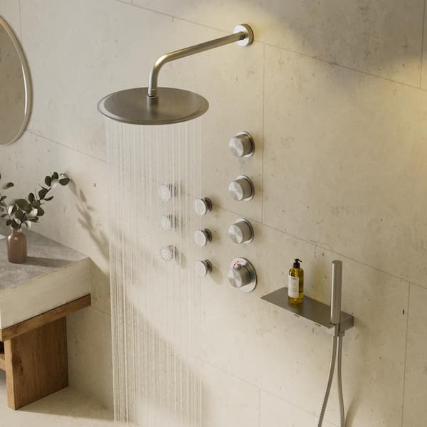 Module Switch 7-Spray 12 in. Dual Wall Mount Fixed and Handheld Shower Head 2.5 GPM in Brushed Nickel with Valve 6 Jets