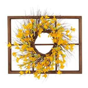 24 in. Dia Artificial Winter Jasmine Wreath with 28 in. H Wooden Window Frame