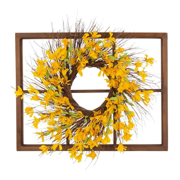 Glitzhome 24 in. Dia Artificial Winter Jasmine Wreath with 28 in. H Wooden Window Frame