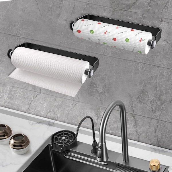 Adhesive or Drill Mount Black Under Cabinet Paper Towel Holder Wall Hanging Space Saving Kitchen Bathroom