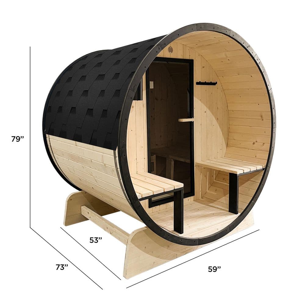 3-Person Yellow Pine Wood Oval Barrel Sauna with Glass Door