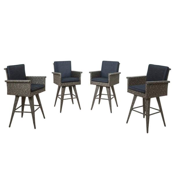 Noble House Puerta Faux Rattan Outdoor Bar Stool with Dark Grey Cushion