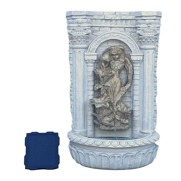 30.3 in. Solar-Powered Resin Wall Fountain with Gold Flower Maiden Statue, Antique Waterfall Fountain for Garden