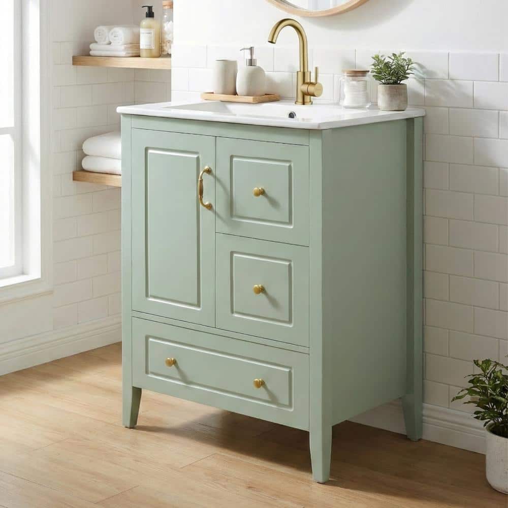 "24"" Light Green Vanity Sink, Soft-Close Door & 3 Drawers, Retro Metal Handles" price history on PriceWatchPro
