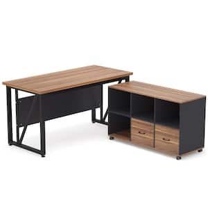 Lantz 55.1 in. L-Shaped Desk Brown Engineered Wood 2-Drawers Executive Desk with File Cabinet