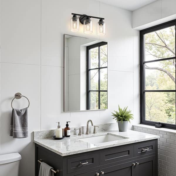 17 in. 3-Light Matte Black Modern Bathroom Vanity Light with Clear Glass Shades for Bathroom, Mirror, Powder Room
