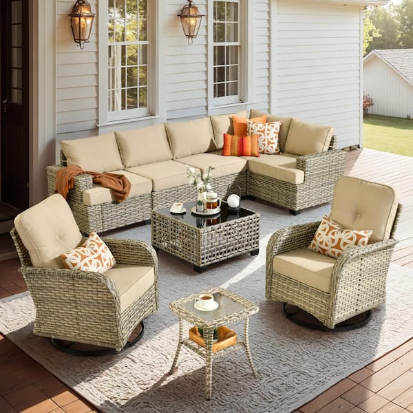HOOOWOOO Kelleys 9-Piece Wicker Modern Outdoor Patio Conversation Sofa Set with Swivel Chairs, a LED Table and Beige Cushions