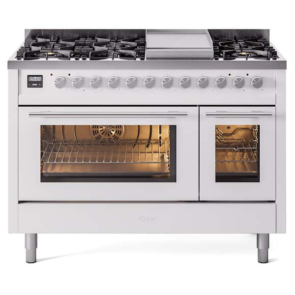 ILVE Professional Plus II 48 in. 8 Burner Plus Griddle Freestanding Double Oven Dual Fuel Range with White