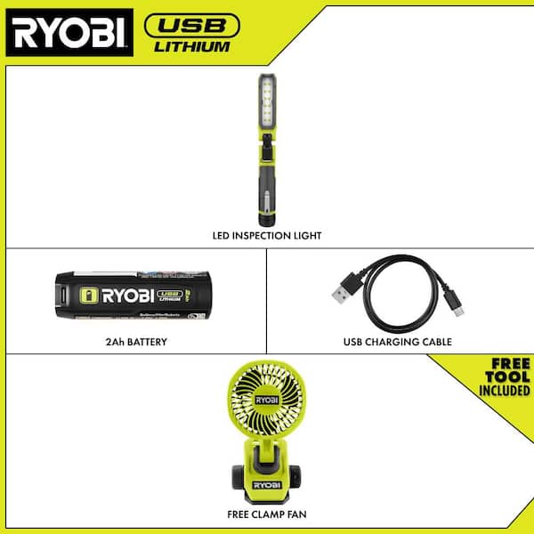 USB Lithium Cordless 550 Lumens Rechargeable Inspection Flashlight Kit with USB Lithium Cordless Clamp Fan