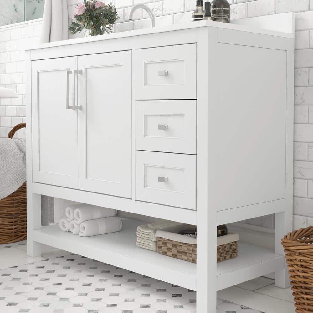 Vivien 42" White Composite Bathroom Vanity with Carrara Marble Top