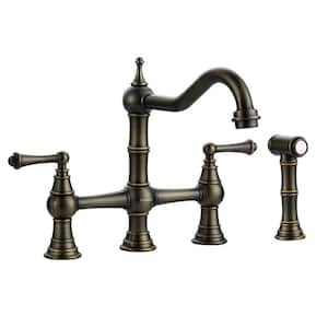 Double Handle Bridge Kitchen Faucet with Side Sprayer in Antique Bronze