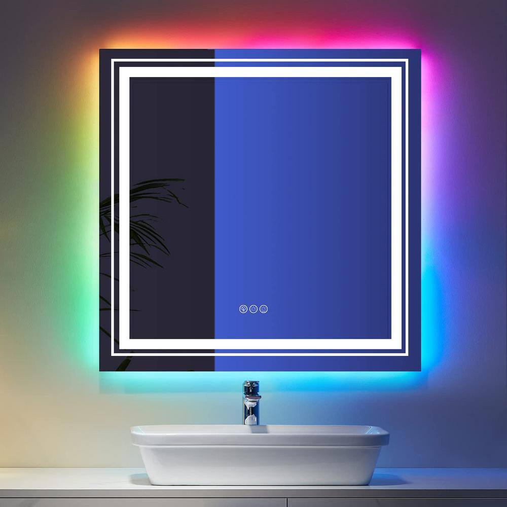 MYCASS RGB 36 in. W x 36 in. H Square Frameless LED Mirror Memory with Backlit Light, AntiFog