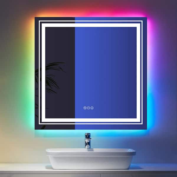 MYCASS RGB 36 in. W x 36 in. H Square Frameless LED Mirror Memory with Backlit Light, Anti-Fog Wall Bathroom Vanity Mirror