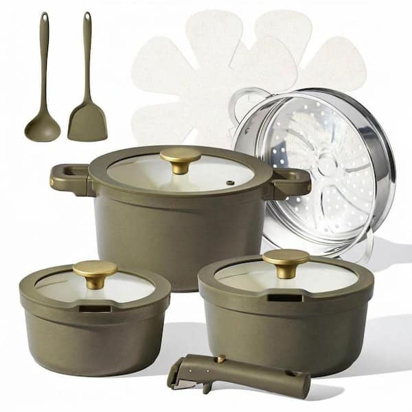 12-Piece Olive Green Ceramic Nonstick Induction Compatible Cooking Saucepan Set with Detachable Handles and Lids All