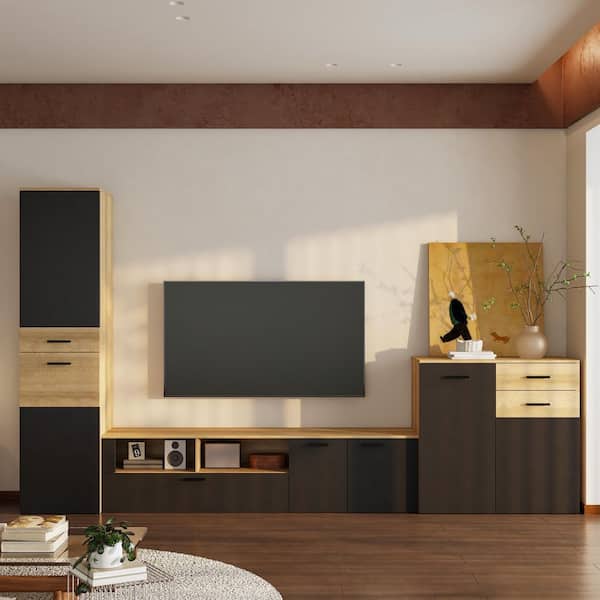 FUFU&GAGA Black and Oak TV Stand Entertainment Center Fits TVs up to 70 in. with Storage Cabinets, Drawers and Wall Unit System