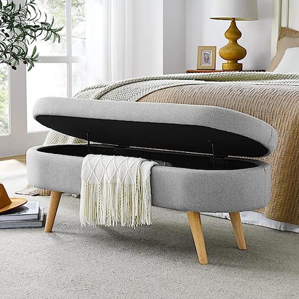 IDEAGLE Gray 43.5 in. Bedroom Bench Oval Storage Bench Ottoman with Wood Legs for Entryway Living Room