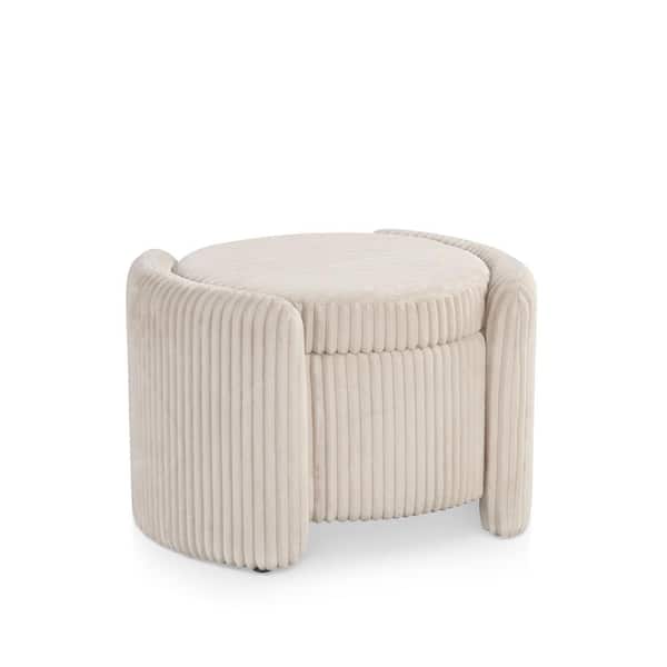 Fana Beige Corduroy Fabric Round Storage Ottoman With Tray Top